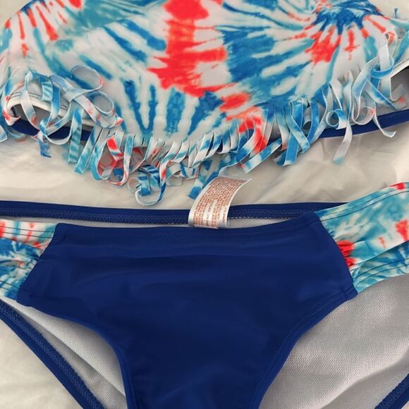 Cat & Jack Girls Blue Tie Dye Fringe Halter Neck 2 Piece Swimsuit Size 7-8 M - Picture 4 of 4